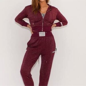 Adam Selman Sport- Burgundy Sparkle Hooded Full Zip Longsleeve Jacket and Pants